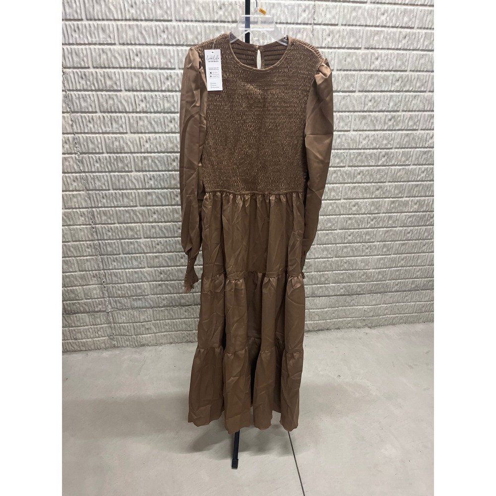 Cupshe Brown Smocked Tiered Maxi Dress Long Puff Sleeve XS CAA05A2K044HH NWT